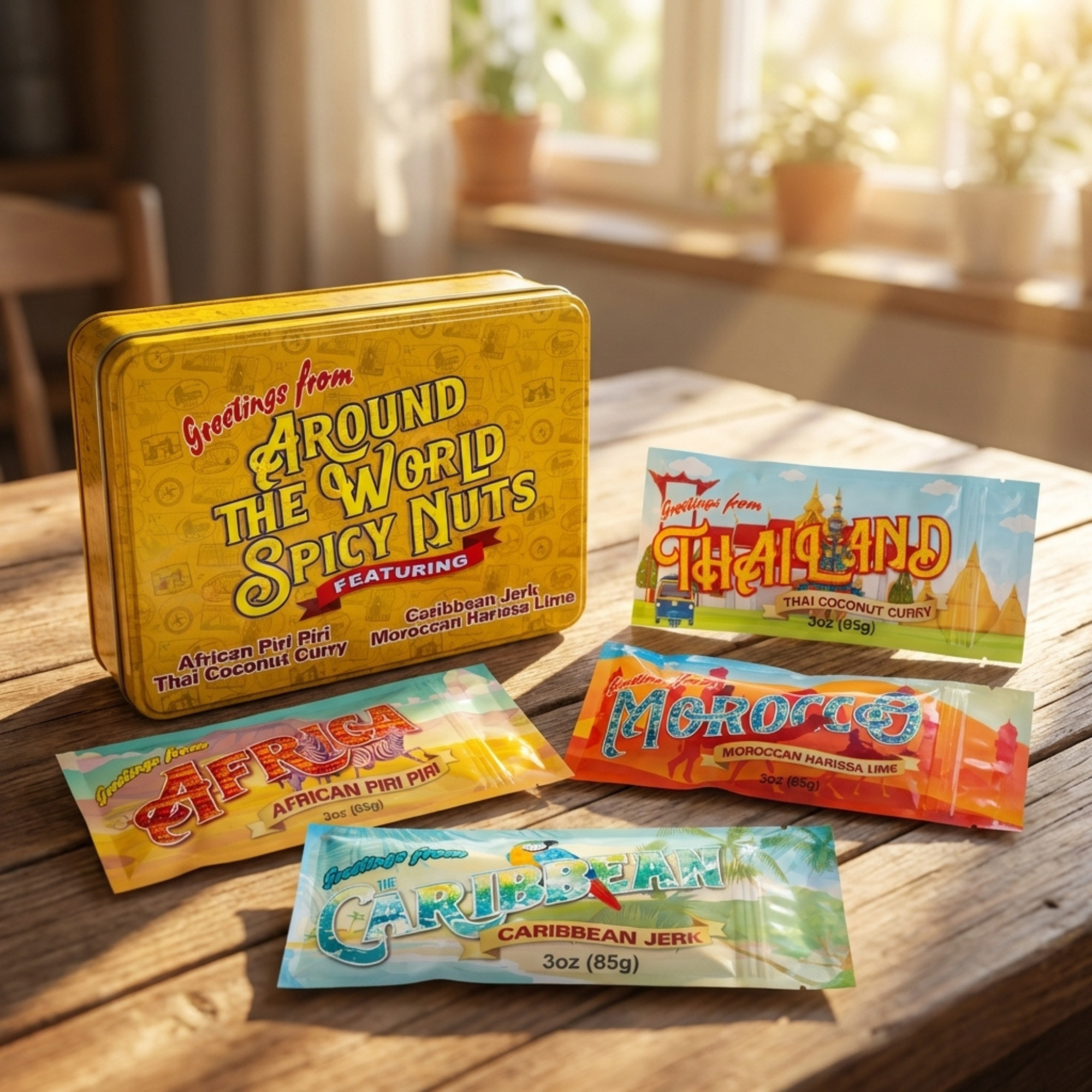 Around the World Spicy Nuts Sampler Tin – Global Flavors Father's Around the World Spicy Nuts Sampler Tin – Global Flavors Father's