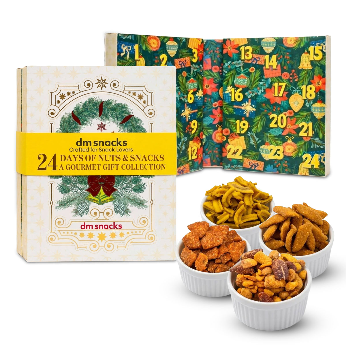 DM Snacks 24 Days of Nuts & Snacks advent calendar set, featuring the decorated cream-colored outer box with a yellow band, the colorful illustrated inner calendar page, and four white bowls filled with assorted nuts and snacks on a white background.