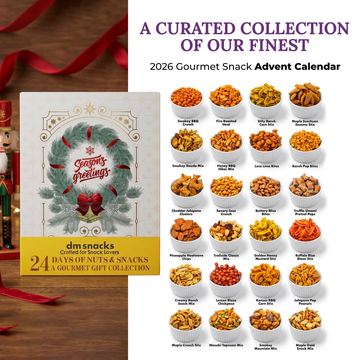 dm snacks 2026 Gourmet Snack Advent Calendar featuring a festive holiday wreath design with red bows and a gold bottom banner, shown next to a product information panel displaying 24 assorted gourmet snacks and chocolate mixes.