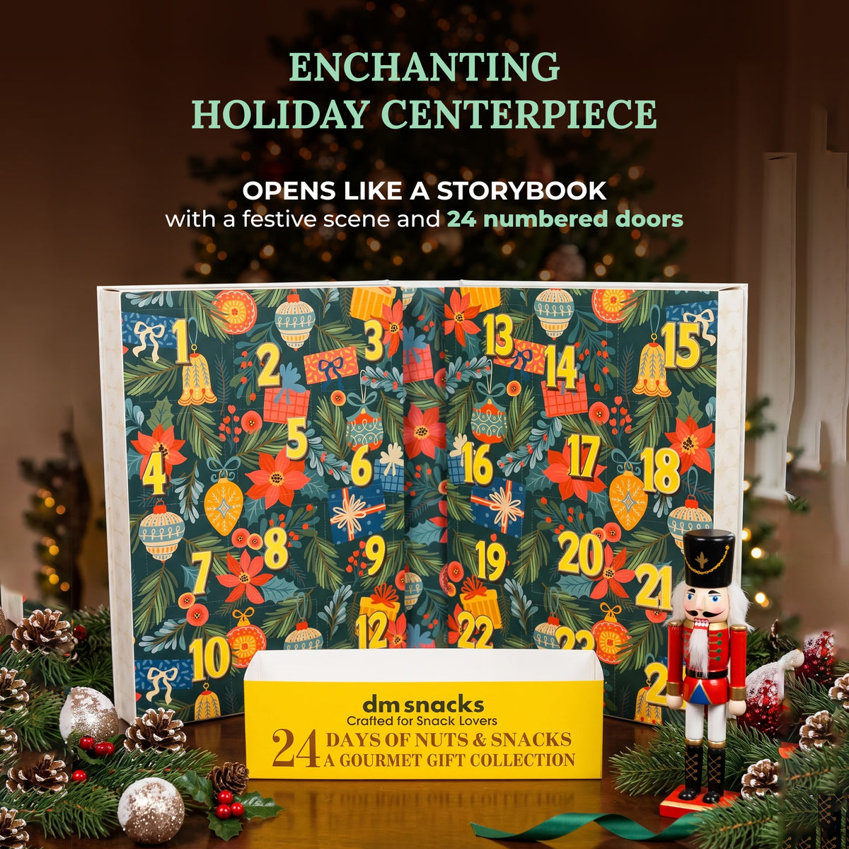 A festive Christmas advent-style gift box set displayed on a table with holiday greenery, ornaments, and a nutcracker. The main product is a large illustrated advent calendar box with colorful numbered doors and a yellow front label reading 'dm snacks 24 DAYS OF NUTS & SNACKS A GOURMET GIFT COLLECTION.