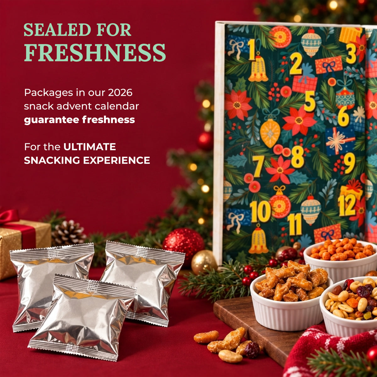 Christmas-themed snack advent calendar setup with a colorful numbered calendar card, several silver foil snack packets, and bowls of assorted nuts and dried fruit on a red tablecloth, with promotional text on the left.