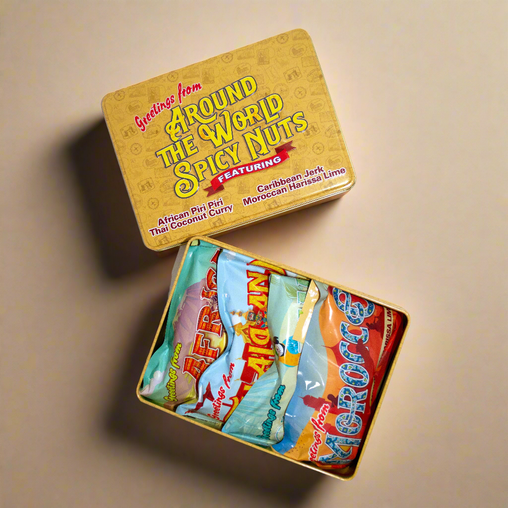 Around the World Spicy Nuts Sampler Tin with global flavors. perfect gift for dad for father's day. gifts for men