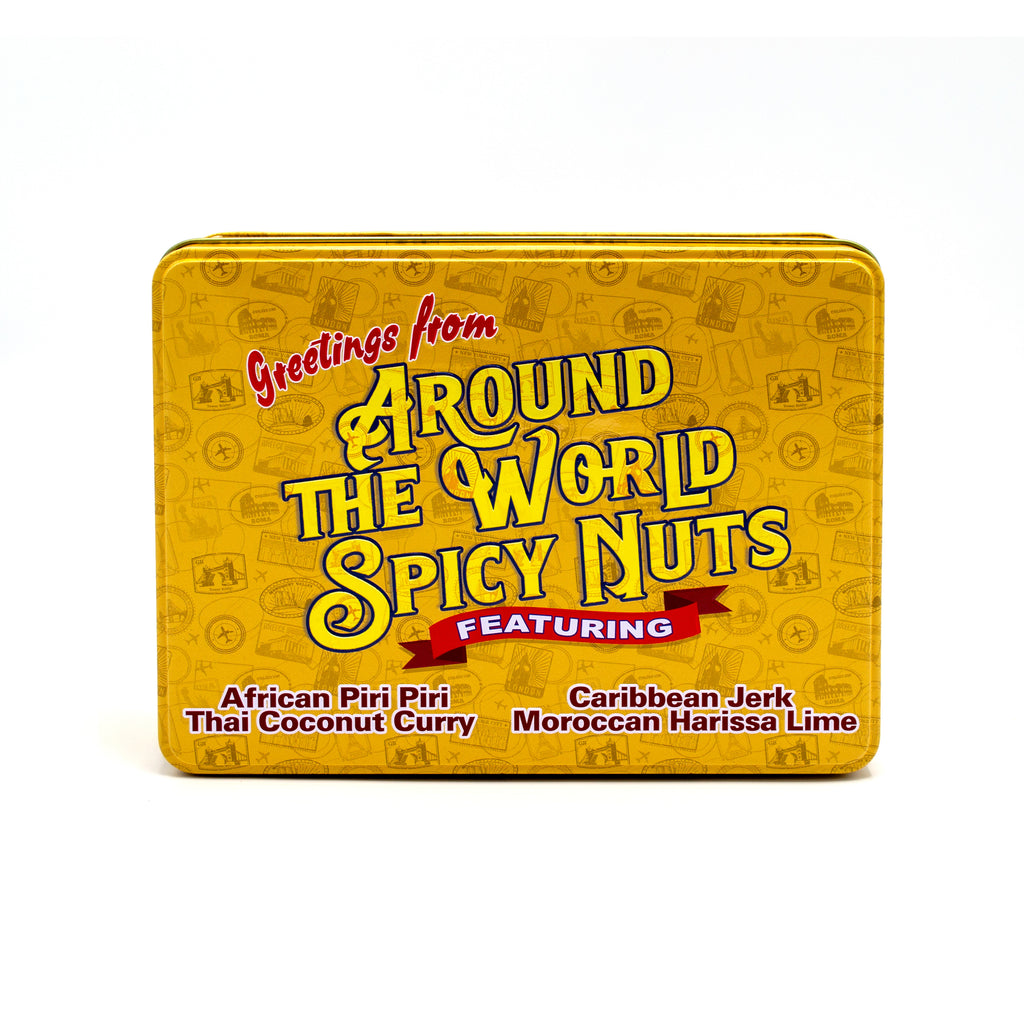 Around the World Spicy Nuts Sampler Tin featuring African Piri Piri, Thai Coconut Curry, Caribbean Jerk, and Moroccan Harissa Lime