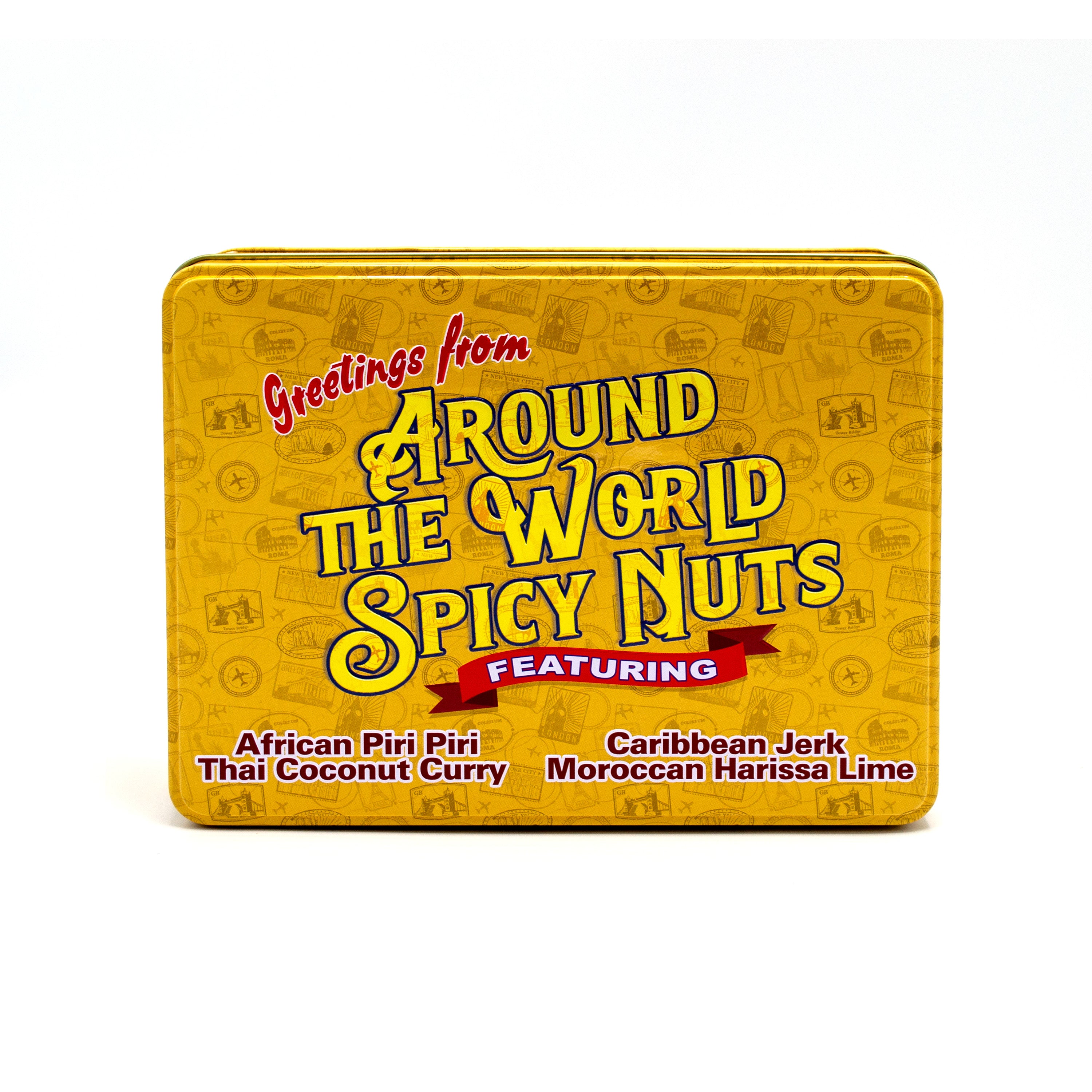 Around the World Spicy Nuts Sampler Tin featuring African Piri Piri, Thai Coconut Curry, Caribbean Jerk, and Moroccan Harissa Lime