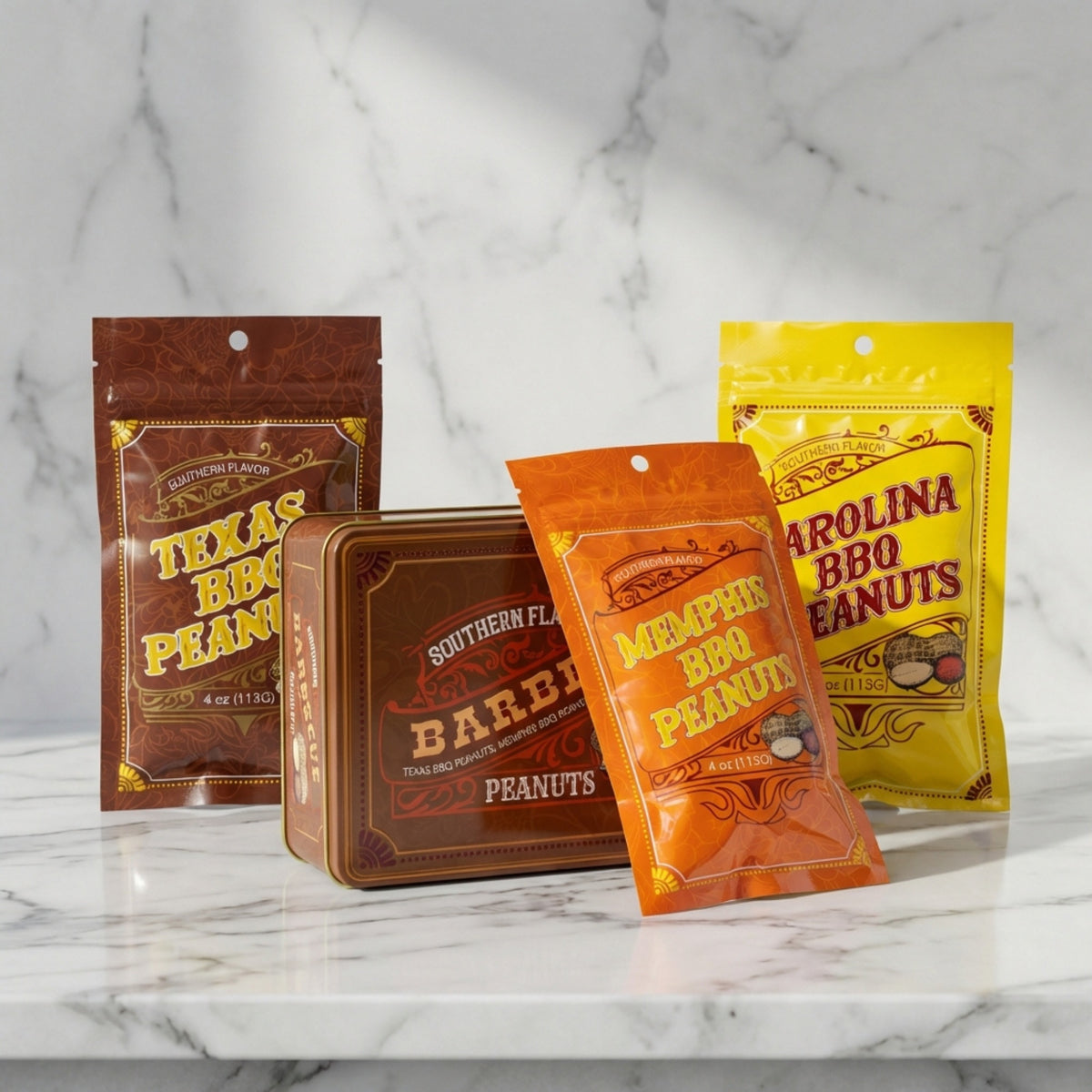 DM Snacks Carolina BBQ Memphis Texas Barbecue Nut Gift Tin BBQ Peanuts
