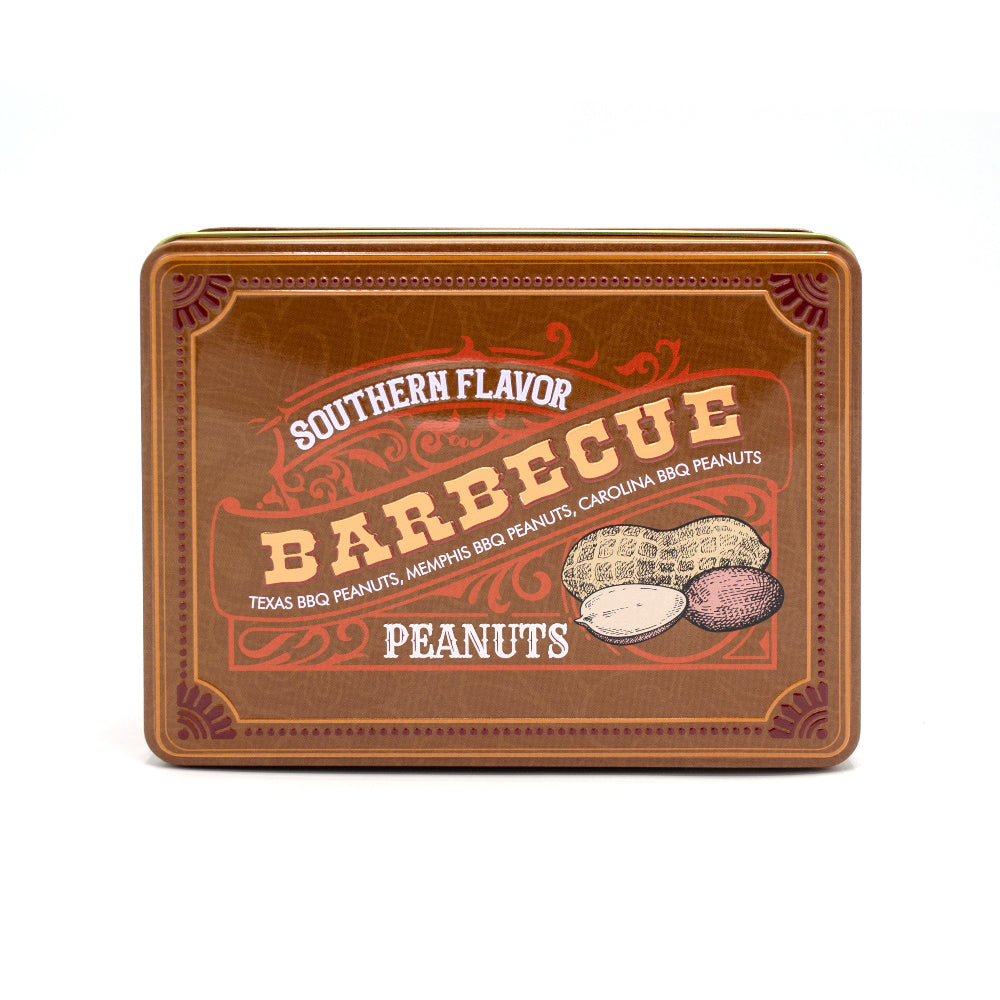 Southern BBQ Peanuts Men's Gift Tin featuring Texas, Memphis, Carolina flavors in brown 12 oz gourmet sampler.