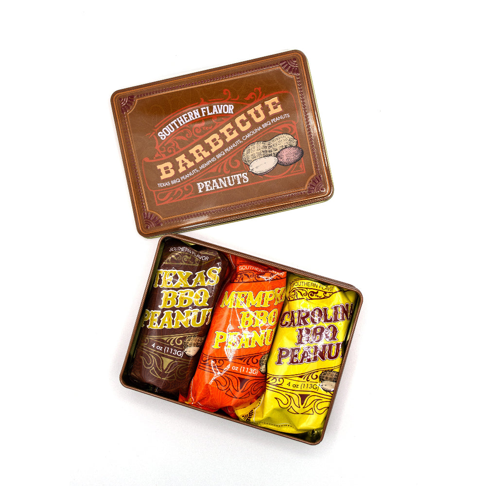Southern BBQ Peanuts Tin with Texas, Memphis, and Carolina BBQ flavored peanuts, open top view.