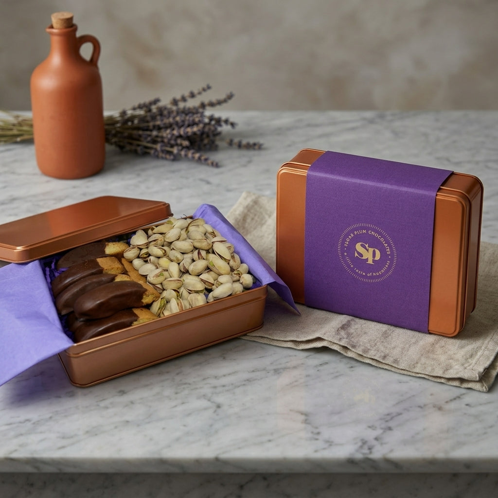 Sugar Plum Chocolate Biscotti and Pistachios Gift Tin