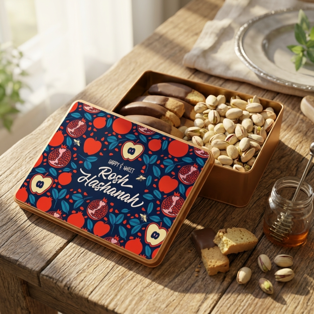 Rosh Hashanah Chocolate Biscotti and Nut Gift Tin