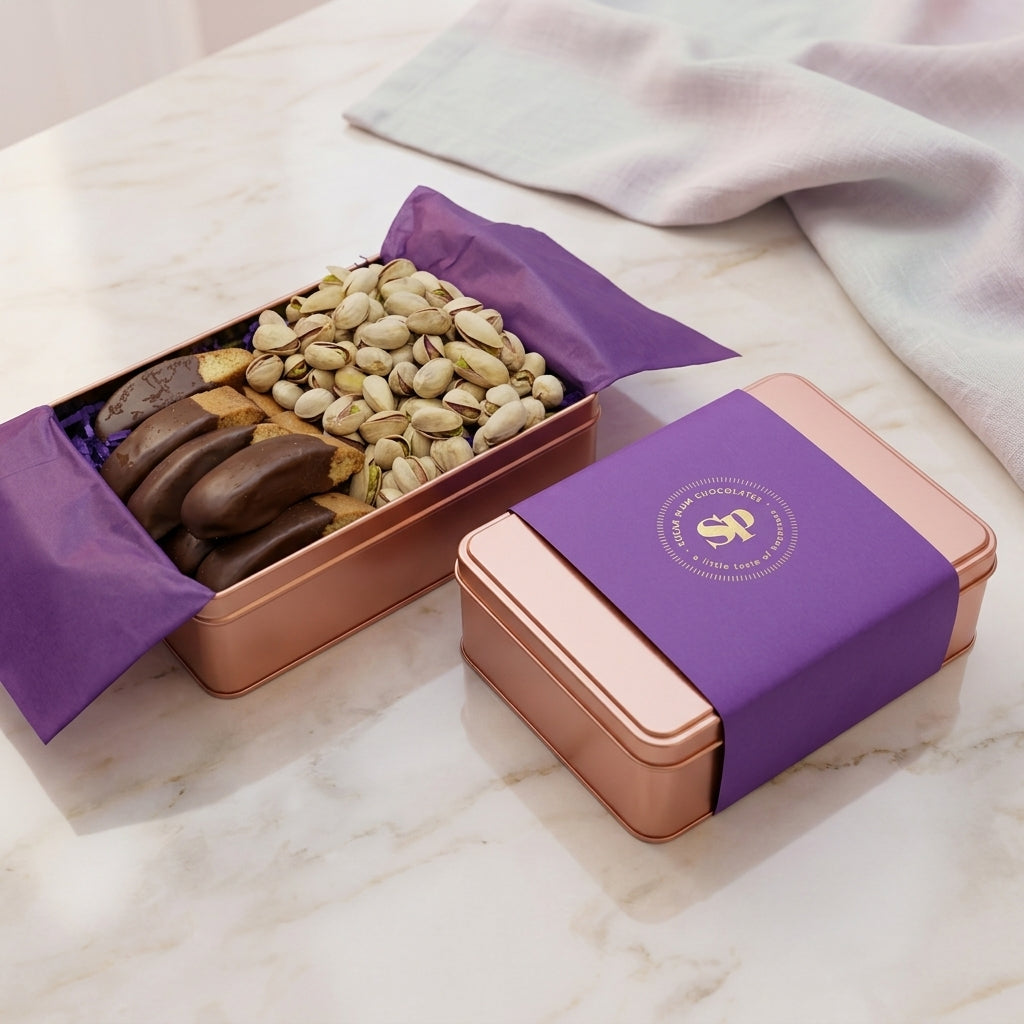 DM Snacks Chocolate Biscotti and Pistachios Gift Tin