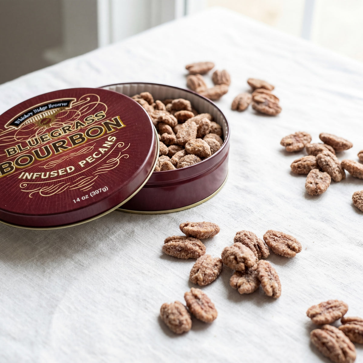 Bluegrass Bourbon Pecans in a tin 