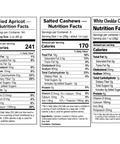 Nutrition facts labels for dried apricots, salted cashews, and white cheddar cheese.