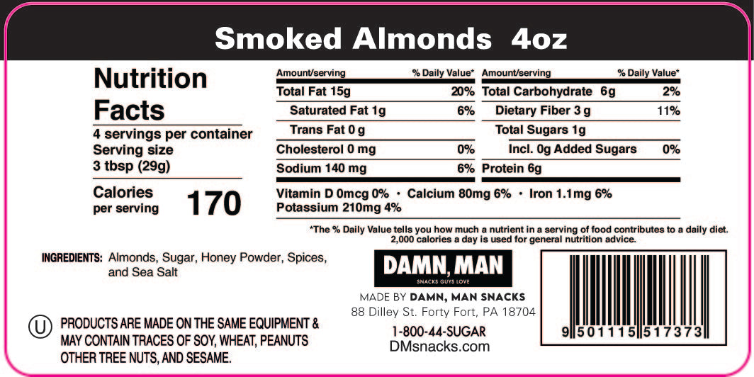 Nutrition facts and product information for 4oz package of smoked almonds by Damn Man Snacks