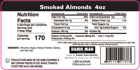 Nutrition facts and product information for 4oz package of smoked almonds by Damn Man Snacks