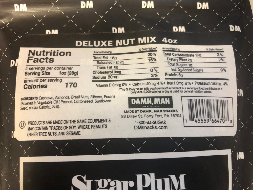 Nutrition facts label of Damn, Man Deluxe Nut Mix 4 oz package showing calories, ingredients, and other nutritional information.
