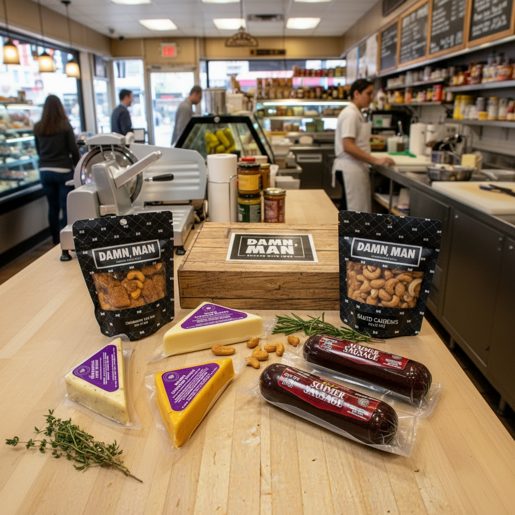 DM Snacks cheese, sausages, and nuts on a counter in a deli setting.