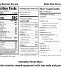 Nutrition facts panels for Apple Rings Honey Bourbon Pecans and Dried Kiwi Slices, with ingredient and allergen information below, shown on a white background.