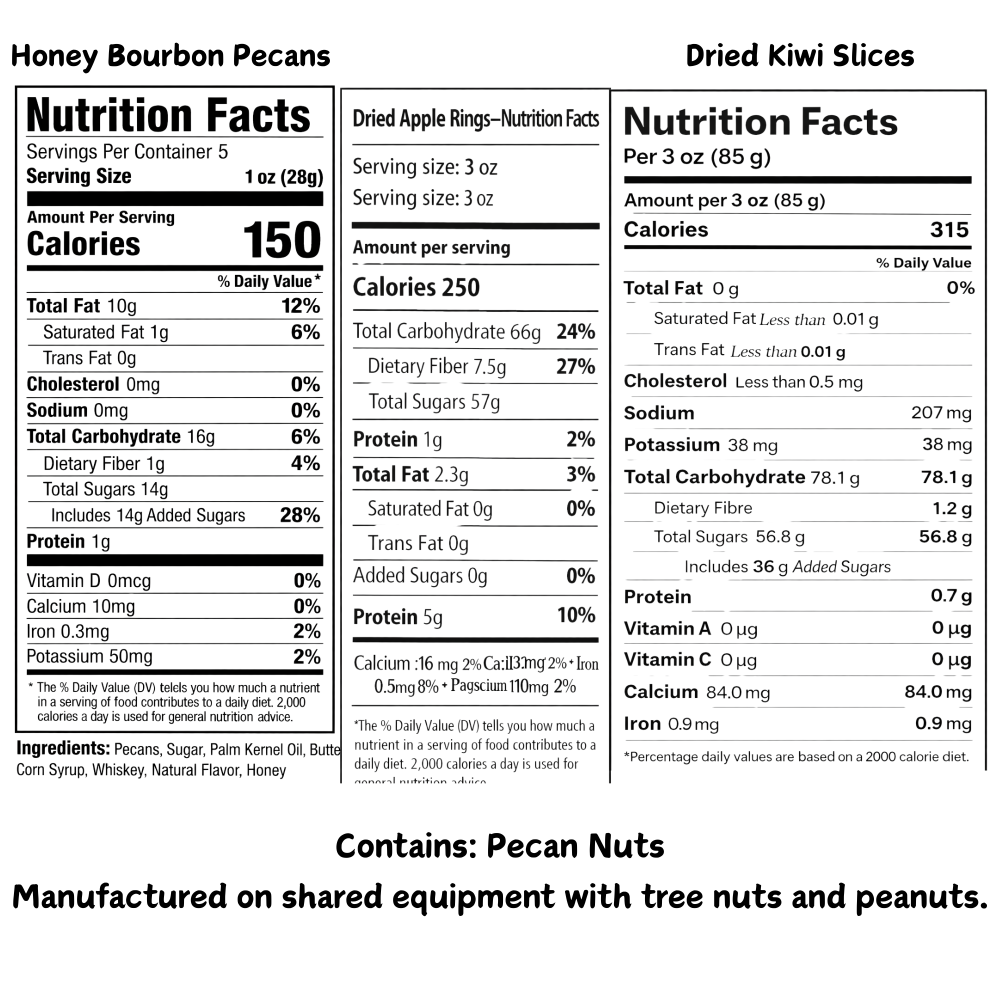 Nutrition facts panels for Apple Rings Honey Bourbon Pecans and Dried Kiwi Slices, with ingredient and allergen information below, shown on a white background.