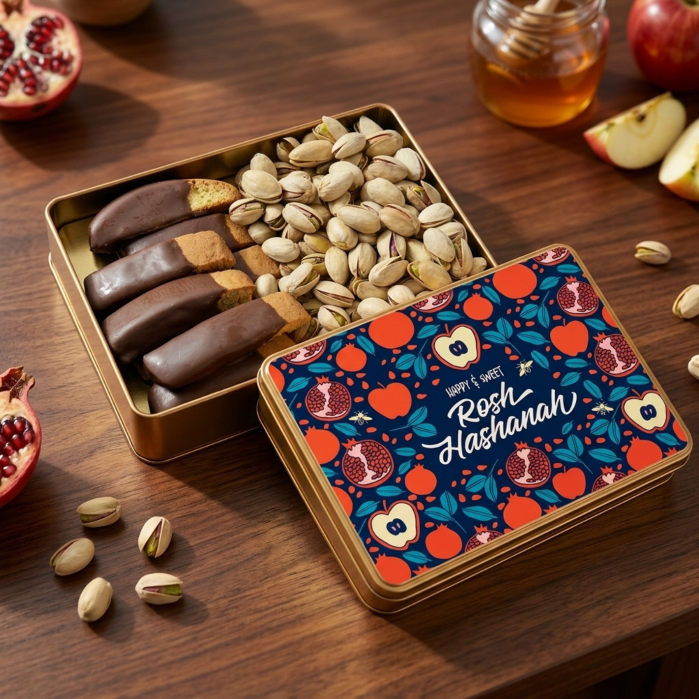 Rosh Hashanah Biscotti and Nut Gift Tin