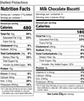 Nutrition facts label for shelled pistachios and milk chocolate biscotti.