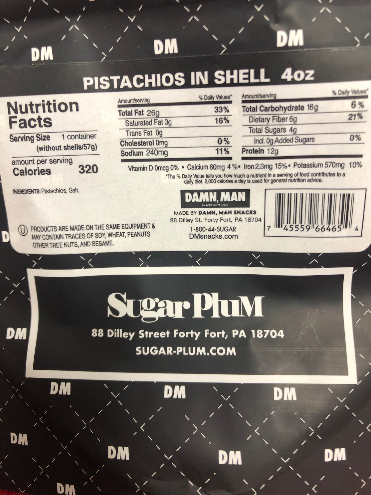 Damn, Man Pistachios in the Shell 4oz package with nutritional facts and Sugar-Plum address displayed