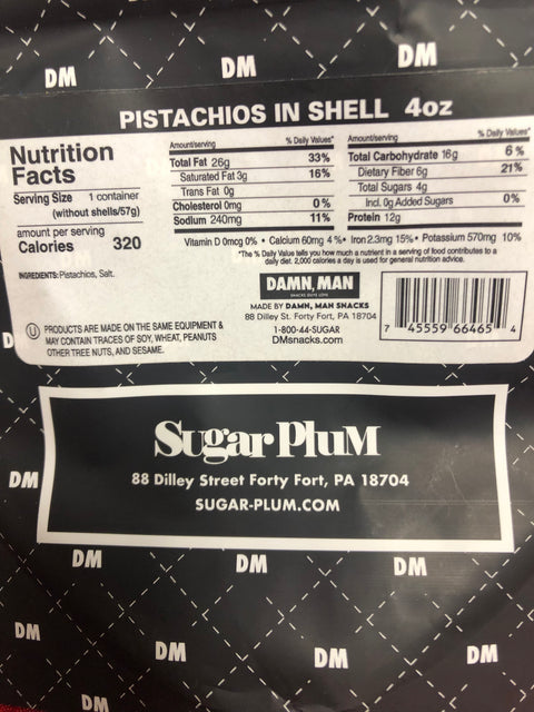 Damn, Man Pistachios in the Shell 4oz package with nutritional facts and Sugar-Plum address displayed
