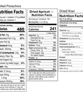 Nutrition facts labels for shelled pistachios, dried apricot, and dried kiwi on a white background.