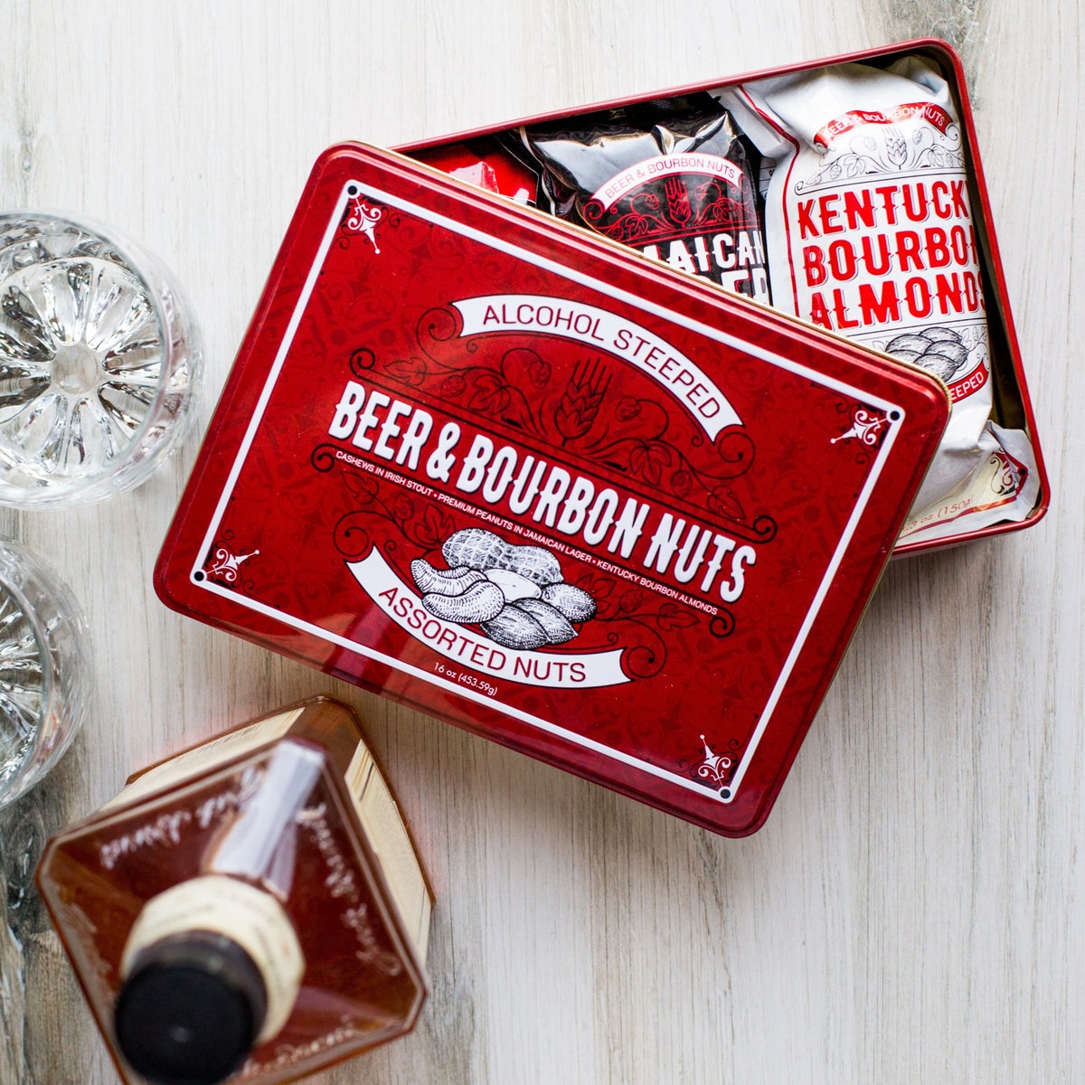 DM Snacks Red Gift Tin Beer and Bourbon Nuts 