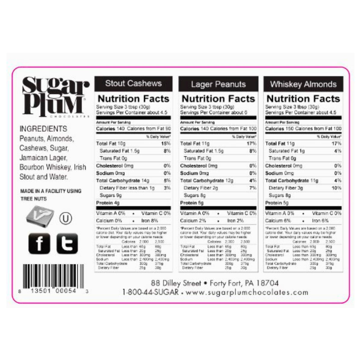 Stout Beer Cashews Lager Peanuts Whiskey Almonds Nutritional Panel