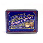 Spirits & Whisky Peanuts Men's Gift Tin featuring gourmet peanuts with beer, moonshine, and bourbon flavors in a blue decorative tin