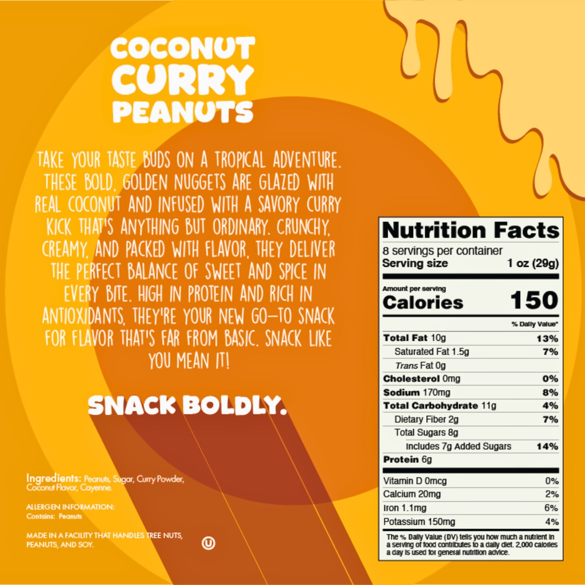 Snack Happy Coconut Curry Peanuts 8 Oz Nutritional Panel
