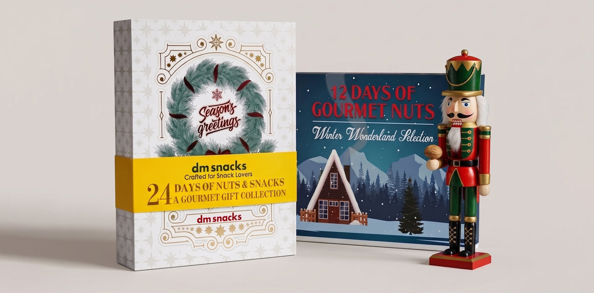 DM Snacks 24-day gourmet nut and snack Advent calendar beside the blue 12-day Winter Wonderland calendar and a decorative nutcracker