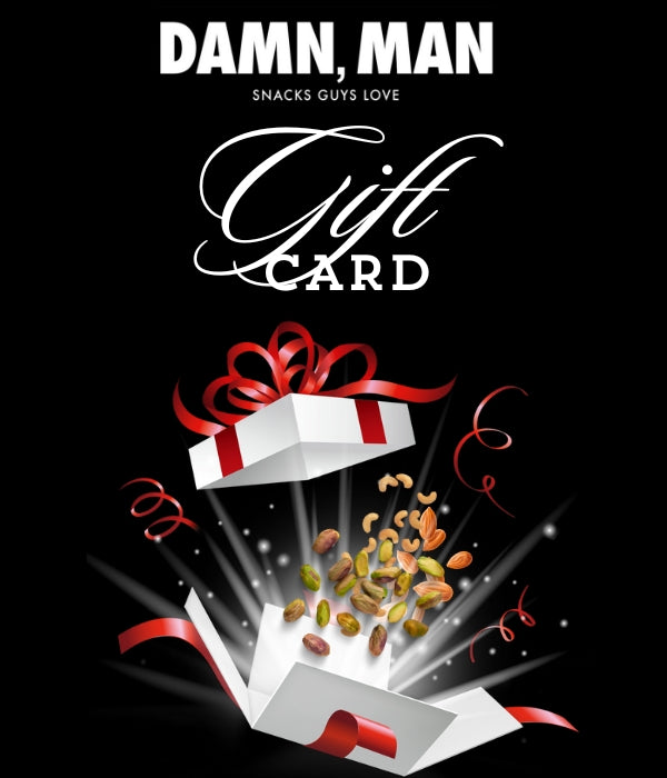 Damn, Man Snacks E-Gift Card for men's unique snack gifts with instant email delivery, featuring a gift box and scattered snacks