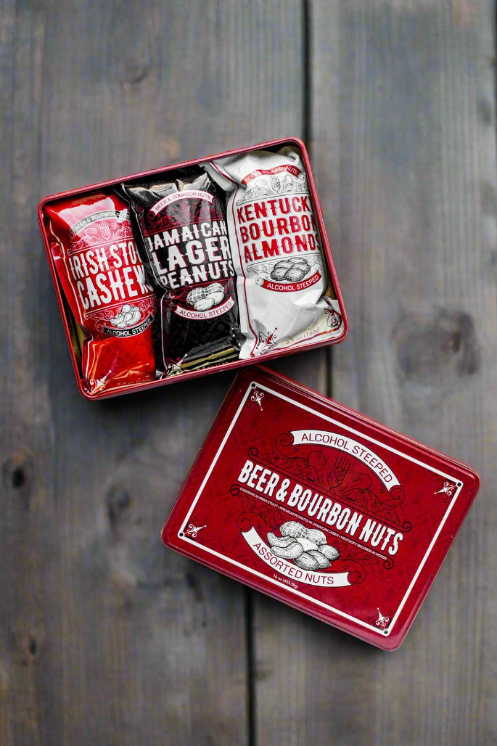 Beer & Bourbon Liquor Nuts Men's Gift Tin with Assorted Cashews, Peanuts, and Almonds on wooden background