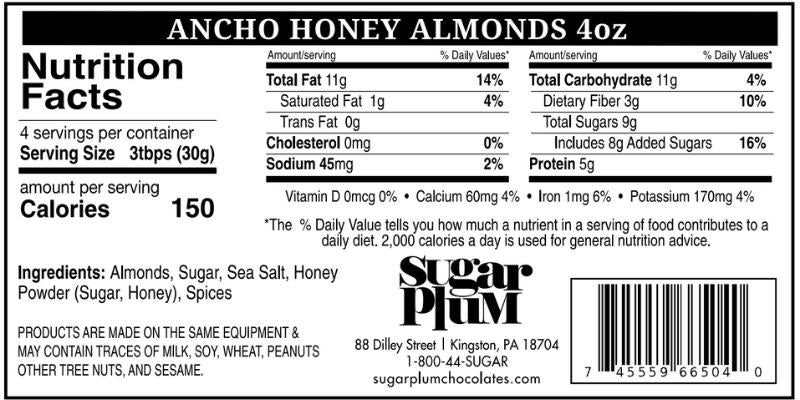 Nutrition facts and ingredients of Damn Man Ancho Honey Almonds, 4 oz. package, including almonds, sugar, sea salt, honey, and spices.