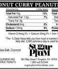 Nutrition facts and ingredients label for Coconut Curry Peanuts 4oz by Sugar Plum Chocolates.