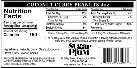 Nutrition facts and ingredients label for Coconut Curry Peanuts 4oz by Sugar Plum Chocolates.