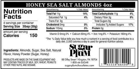 Nutrition facts and ingredient list for Damn Man Honey Sea Salt Almonds, 4oz, by Sugar Plum Chocolates.