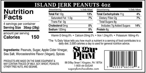 Nutrition facts and ingredients of Island Jerk Peanuts 4oz showing calories, serving size, and manufacturer details