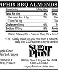 Nutrition facts and ingredients label for Damn Man Memphis BBQ Almonds, 4oz package, featuring smoky, tangy, spicy, and sweet barbecue flavors.