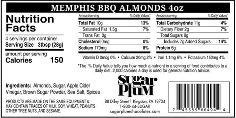 Nutrition facts and ingredients label for Damn Man Memphis BBQ Almonds, 4oz package, featuring smoky, tangy, spicy, and sweet barbecue flavors.