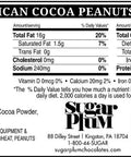 Nutrition label for Mexican Cocoa Peanuts featuring serving size, calories, ingredients, and contact information from Sugar Plum Chocolates.