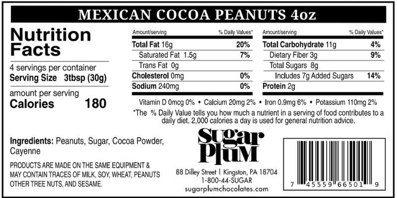 Nutrition label for Mexican Cocoa Peanuts featuring serving size, calories, ingredients, and contact information from Sugar Plum Chocolates.