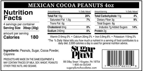 Nutrition label for Mexican Cocoa Peanuts featuring serving size, calories, ingredients, and contact information from Sugar Plum Chocolates.