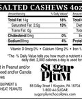 Nutrition facts label for 4oz salted cashews by Sugar Plum Chocolates, showing 170 calories per 1/4 cup serving and ingredient details