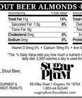 Nutrition facts and ingredients for Stout Beer Almonds 4oz package by Sugar Plum Chocolates