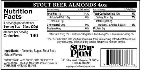 Nutrition facts and ingredients for Stout Beer Almonds 4oz package by Sugar Plum Chocolates