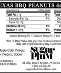 Nutrition facts and ingredients label for Sugar Plum's Texas BBQ Peanuts, 4oz. Includes serving size, calories, and other nutritional information.