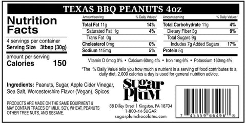 Nutrition facts and ingredients label for Sugar Plum's Texas BBQ Peanuts, 4oz. Includes serving size, calories, and other nutritional information.