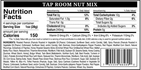 Tap Room Nut Mix nutrition facts label with ingredients and nutritional information displayed